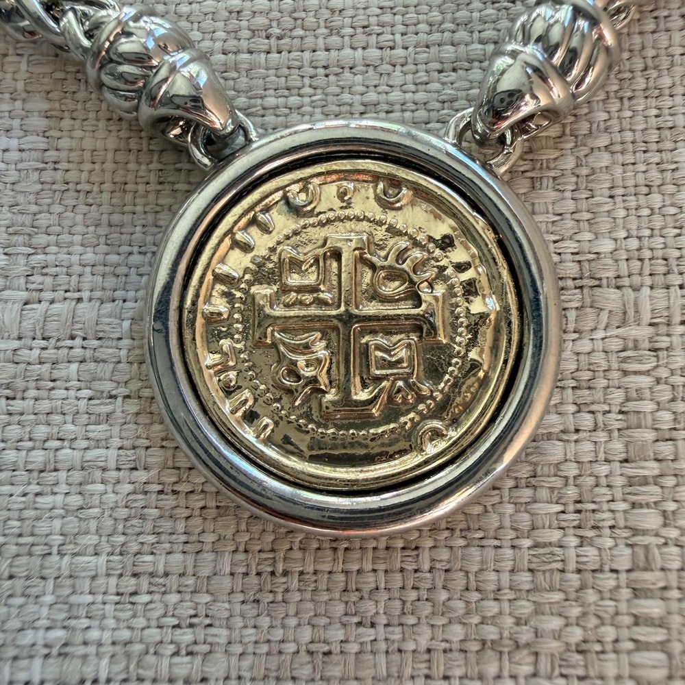 Silver Tone Coin Medallion Pendant Necklace Two Tone Chain Statement 17 Inch